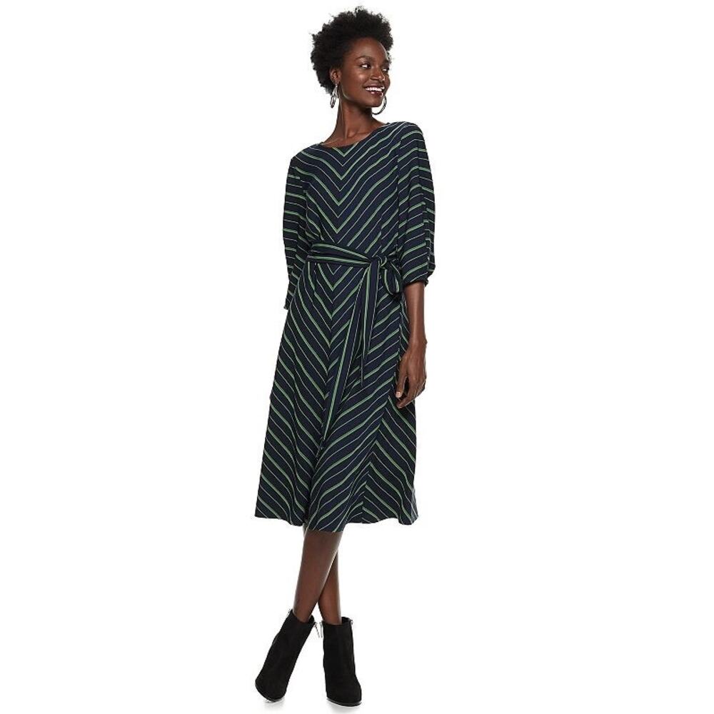 Nine West Striped V Neck A Line Dress Size S Small Green Multi